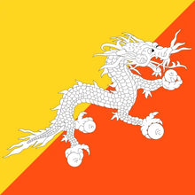 Flag with a diagonally divided banner featuring a white dragon on a background of yellow and orange