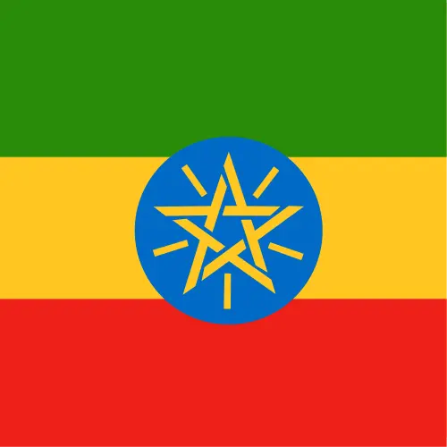 Flag with green, yellow, and red horizontal stripes and a blue circle with a yellow star in the center.