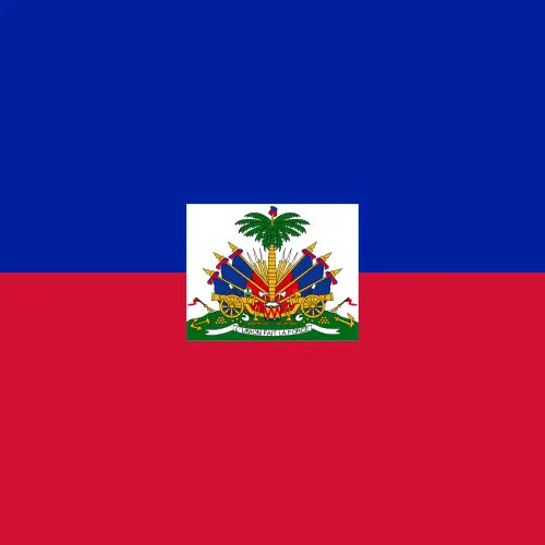 Flag of Haiti with a central emblem on a blue and red background