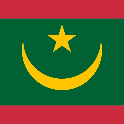 The national flag of Mauritania, featuring a green field with a yellow crescent and star, bordered by red stripes at the top and bottom.