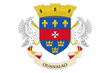 Coat of arms with two eagles and the word 'OUANALAO' at the bottom on a white background