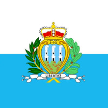 Flag with a coat of arms featuring a crown, olive branches, and a building on a blue background