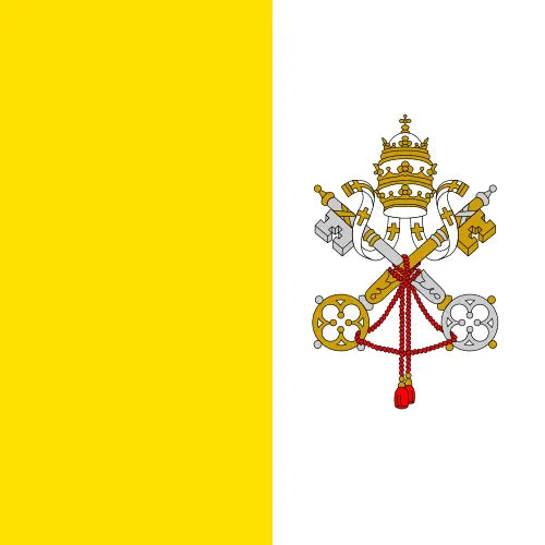 Flag of the Vatican City with a central emblem on a yellow and white background